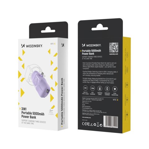 Mini powerbank Wozinsky WF16-YCS 5000mAh 15W USB-C z wbudowanym kablem USB-C i ładowarką do Apple Watch - fioletowy Mini powerbank Wozinsky WF16-YCS 5000mAh 15W USB-C z wbudowanym kablem USB-C i ładowarką do Apple Watch - fioletowy
