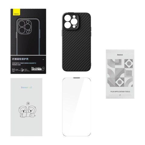 Pancerne etui iPhone 14 Pro Max kompatybilne z MagSafe szkło hartowane Baseus Synthetic Fiber - czarne Pancerne etui iPhone 14 Pro Max kompatybilne z MagSafe szkło hartowane Baseus Synthetic Fiber - czarne