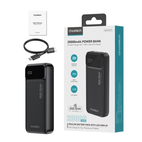 Powerbank Choetech B729 20000mAh 22.5W PD USB-A / USB-C - czarny Powerbank Choetech B729 20000mAh 22.5W PD USB-A / USB-C - czarny