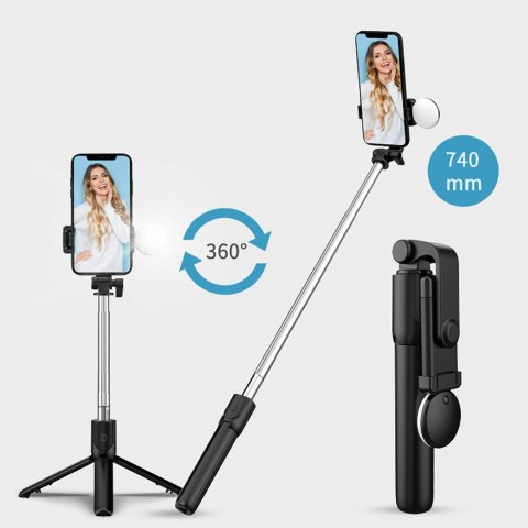Selfie stick WR1YXS teleskopowy tripod 0.71m z okrągłą lampą - czarny Selfie stick WR1YXS teleskopowy tripod 0.71m z okrągłą lampą - czarny