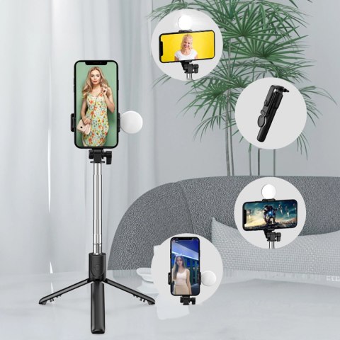 Selfie stick WR1YXS teleskopowy tripod 0.71m z okrągłą lampą - czarny Selfie stick WR1YXS teleskopowy tripod 0.71m z okrągłą lampą - czarny