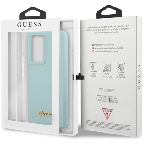 Etui Guess Silicone Script Metal Logo na Samsung Galaxy S21 Ultra - niebieskie