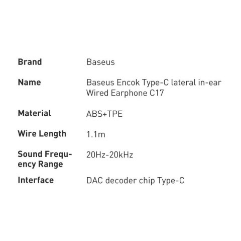 Baseus Encok C17 douszne słuchawki na kablu z mikrofonem USB-C - białe