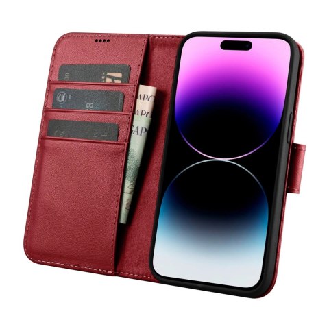 ICarer Wallet Case 2in1 etui iPhone 14 Pro Max skórzany pokrowiec z klapką Anti-RFID czerwony (WMI14220728-RD)