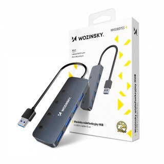 Hub USB-A Wozinsky WHS080YSS 4 x USB-A 3.0 z indywidualnymi włącznikami, aluminowy, z kablem 15 cm - szary
