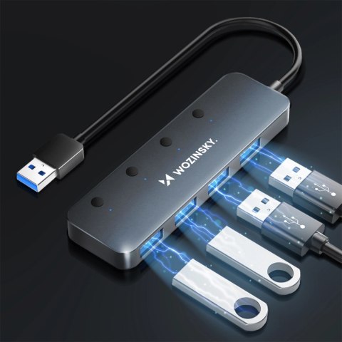 Hub USB-A Wozinsky WHS080YSS 4 x USB-A 3.0 z indywidualnymi włącznikami, aluminowy, z kablem 15 cm - szary