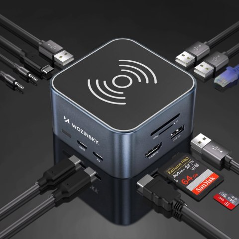Hub USB-C 12 w 1 Wozinsky WHBC09Y8S wielofunkcyjny,z funkcją ładowania bezprzewodowego, aluminiowy, z kablem 15 cm - szary