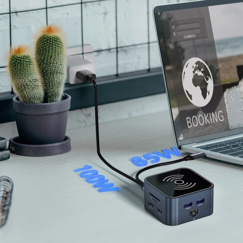 Hub USB-C 12 w 1 Wozinsky WHBC09Y8S wielofunkcyjny,z funkcją ładowania bezprzewodowego, aluminiowy, z kablem 15 cm - szary