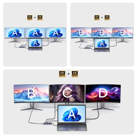 Hub USB-C 14 w 1 Wozinsky WDS03Y5S wielofunkcyjny, aluminiowy, do 3 monitorów, z kablem 15 cm - szary