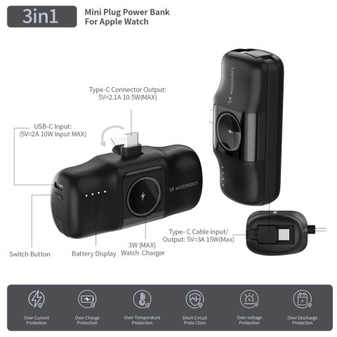 Mini powerbank Wozinsky WF16-YCS 5000mAh 15W USB-C z wbudowanym kablem USB-C i ładowarką do Apple Watch - czarny