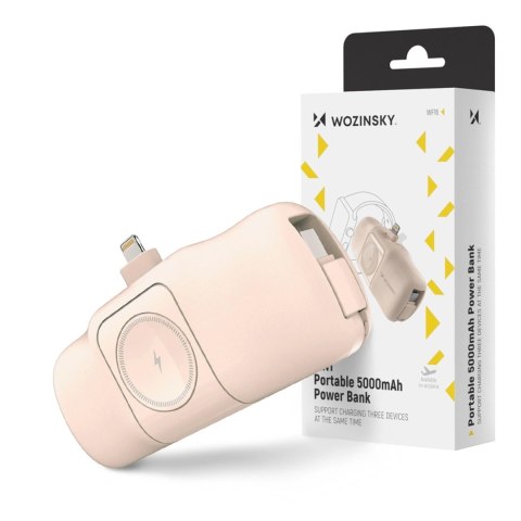 Mini powerbank Wozinsky WF16-YLS 5000mAh 15W Lightning z wbudowanym kablem USB-C i ładowarką do Apple Watch - beżowy