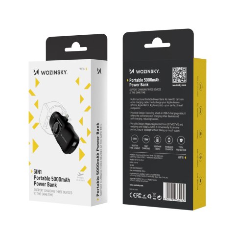Mini powerbank Wozinsky WF16-YLS 5000mAh 15W Lightning z wbudowanym kablem USB-C i ładowarką do Apple Watch - czarny