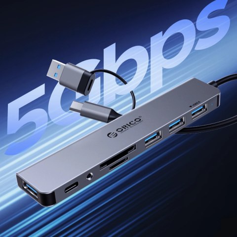 Hub USB-A/USB-C Orico YSA8-U3 stacja dokująca 3x USB-A 2.0 + 1x USB-A 3.0 + 1x USB-C 2.0 + 1x 3,5mm audio + 2x TF&SD - szary