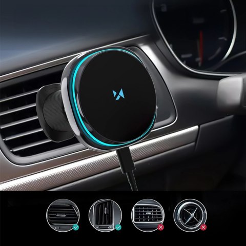 Uchwyt samochodowy Wozinsky WCT5-Q6S2Y z ładowarką indukcyjną Qi/MagSafe 15W na kratkę wentylacji z wentylatorem - czarny