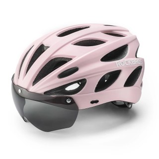Kask rowerowy Rockbros z szybką, odpinane okulary z ochroną UV, odłączany daszek, unisex - różowy