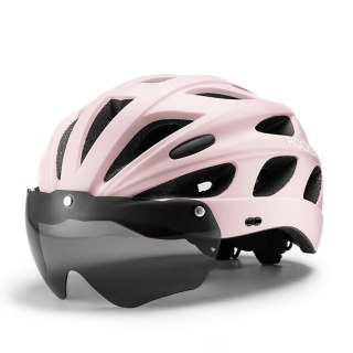 Kask rowerowy Rockbros z szybką, odpinane okulary z ochroną UV, odłączany daszek, unisex - różowy