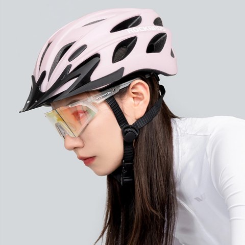 Kask rowerowy Rockbros z szybką, odpinane okulary z ochroną UV, odłączany daszek, unisex - różowy