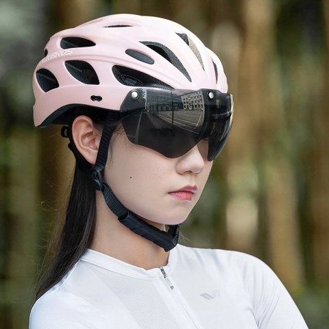 Kask rowerowy Rockbros z szybką, odpinane okulary z ochroną UV, odłączany daszek, unisex - różowy