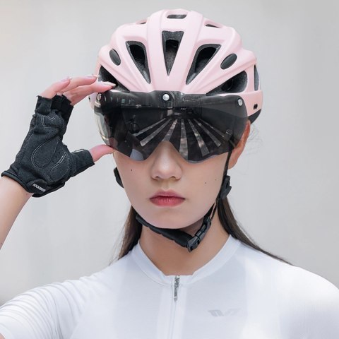 Kask rowerowy Rockbros z szybką, odpinane okulary z ochroną UV, odłączany daszek, unisex - różowy