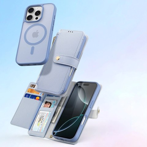 Etui skórzane Dux Ducis Lawa na iPhone 16 Pro Max z odłączanym portfelem magnetycznym - błękitne