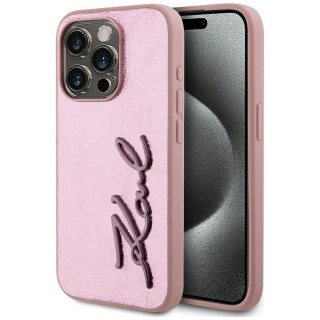 Etui Karl Lagerfeld Wrinkled Metal Signature na iPhone 15 Pro - różowe