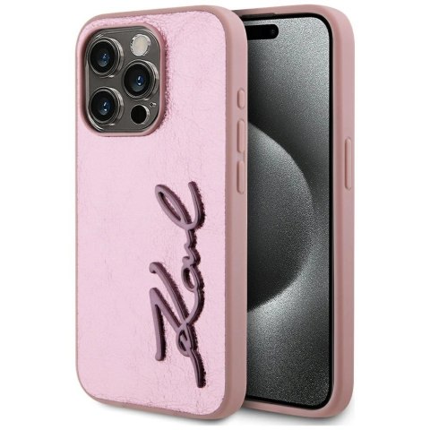 Etui Karl Lagerfeld Wrinkled Metal Signature na iPhone 15 Pro - różowe