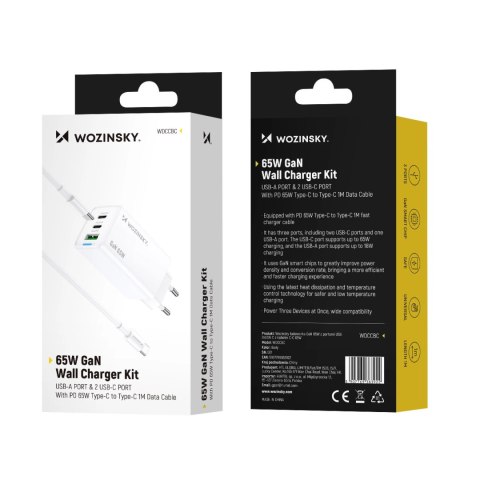 Wozinsky ładowarka GaN 65W z portami USB 2xUSB-C z kabelm C-C 65W - biała