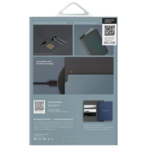 Etui na paszport UNIQ Belmont z Apple Find My blokada RFID szaro niebieski