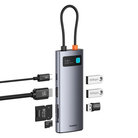 Hub USB-C Baseus Metal Gleam 7w1 HDMI 4K 60Hz / 3x USB 3.0 / USB-C PD / SD / microSD - szary