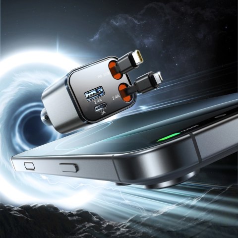 Ładowarka samochodowa Joyroom JR-CCL05 30W 4w1 z 2 wbudowanymi kablami zwijanymi - ciemnoszara