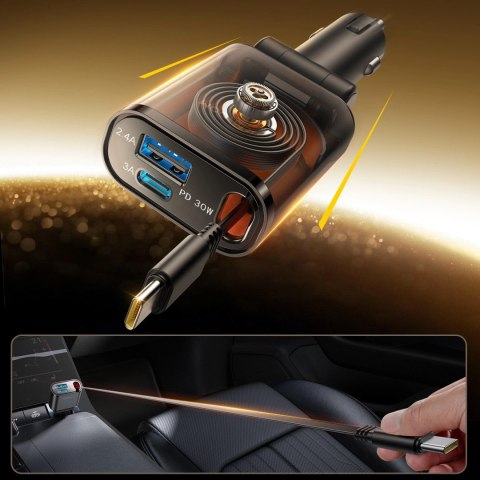 Ładowarka samochodowa Joyroom JR-CCL07 3w1 z wbudowanym kablem zwijanym - ciemnoszara