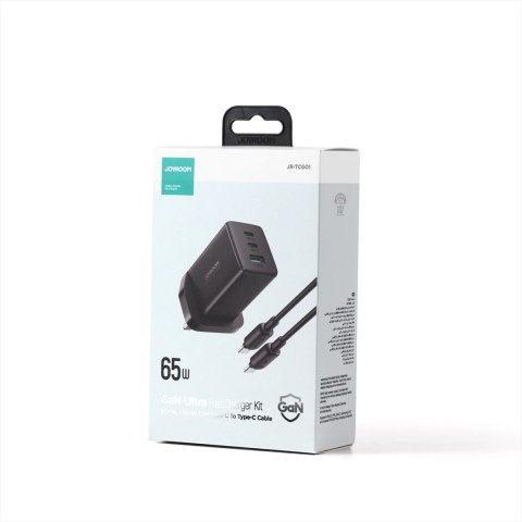 Ładowarka sieciowa Joyroom JR-TCG01 Ultra GaN 65W 2 x USB-C + 1 x USB-A (wtyczka UK) z kablem USB-C 100W 1,2m - czarna