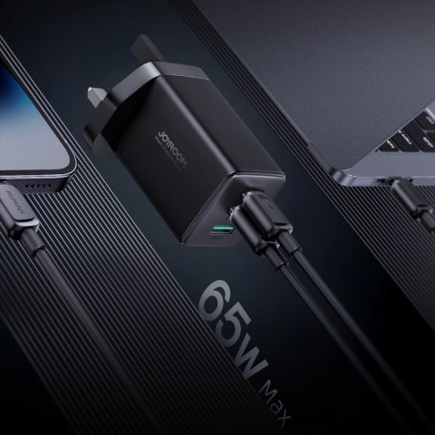 Ładowarka sieciowa Joyroom JR-TCG01 Ultra GaN 65W 2 x USB-C + 1 x USB-A (wtyczka UK) z kablem USB-C 100W 1,2m - czarna