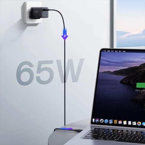 Ładowarka sieciowa Joyroom JR-TCG01 Ultra GaN 65W 2 x USB-C + 1 x USB-A (wtyczka UK) z kablem USB-C 100W 1,2m - czarna