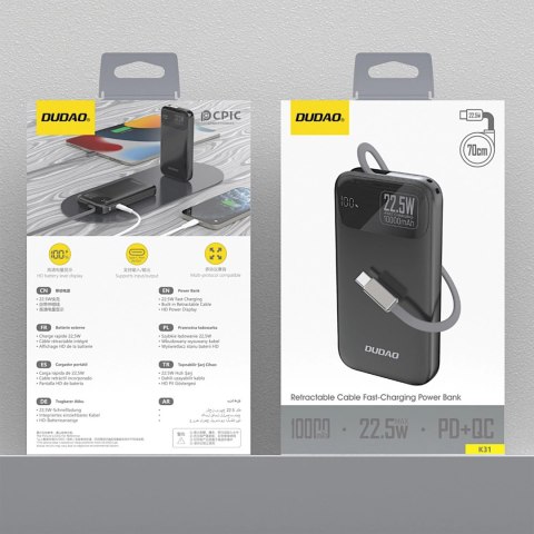 Powerbank Dudao K31 10000 mAh 22,5W PD z wbudowanym kablem - czarny
