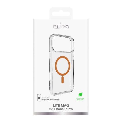 Etui Puro Lite Mag TPU+PC kompatybilne z MagSafe na iPhone 17 Pro - przezroczyste z pomarańczowym pierścieniem