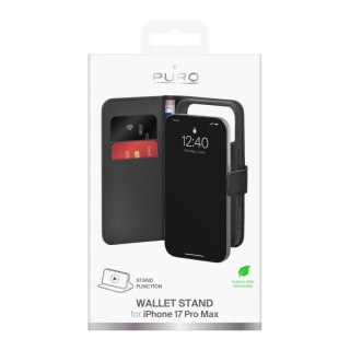 Etui Puro Wallet Stand na iPhone 17 Pro Max z ekoskóry, z klapką, portfelem i funkcją podstawki - czarne