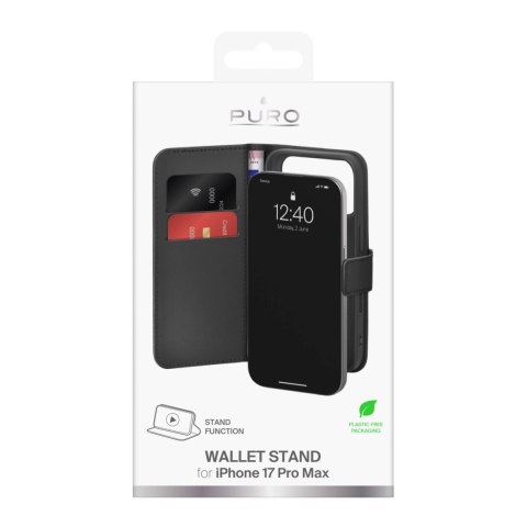 Etui Puro Wallet Stand na iPhone 17 Pro Max z ekoskóry, z klapką, portfelem i funkcją podstawki - czarne