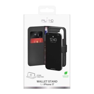 Etui Puro Wallet Stand na iPhone 17 z ekoskóry, z klapką, portfelem i funkcją podstawki - czarne
