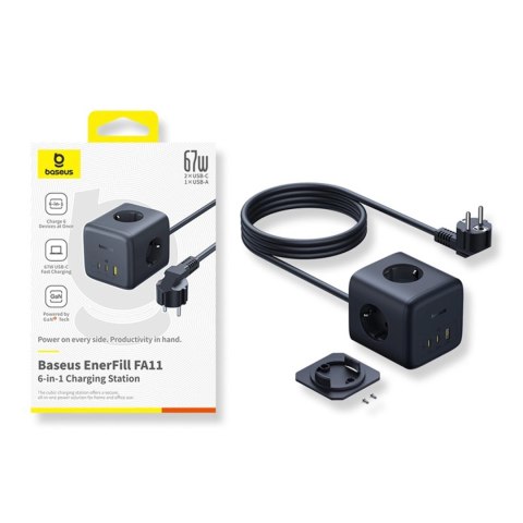 Listwa zasilająca Baseus EnerFill FA11 67W kostka USB-A + USB-C + 3 x gniazdo EU 1,5m - czarna