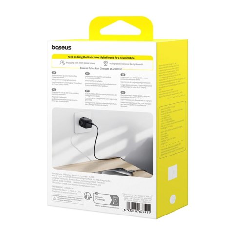 Ładowarka sieciowa Baseus Palm 1C 20W (z kablem Baseus Mini White USB-C 60W (20V/3A) 1m) - czarna