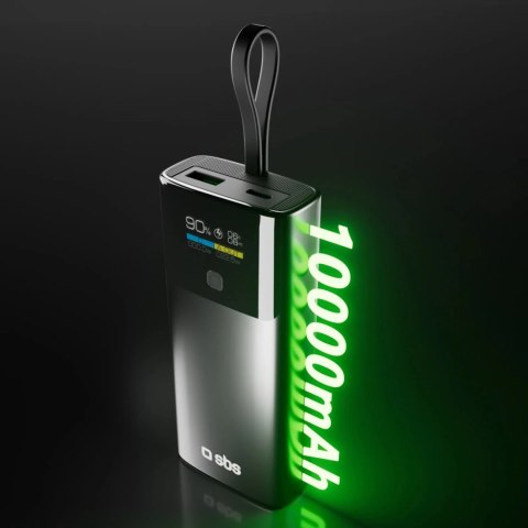 Powerbank SBS 10000mAh PD 20W z wyświetlaczem LCD i wbudowanym kablem USB-C - szary