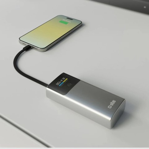 Powerbank SBS 10000mAh PD 20W z wyświetlaczem LCD i wbudowanym kablem USB-C - szary