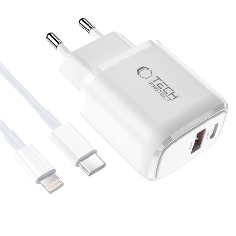 Ładowarka sieciowa Tech-Protect NCA20 PD 20W QC3.0 USB-A / USB-C + Kabel USB-C / Lightning 100cm - biała