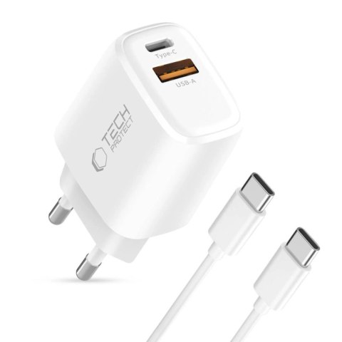 Ładowarka sieciowa Tech-Protect NCA30 PD 30W QC3.0 USB-A / USB-C + Kabel USB-C / USB-C 100cm - biała