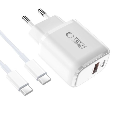 Ładowarka sieciowa Tech-Protect NCA30 PD 30W QC3.0 USB-A / USB-C + Kabel USB-C / USB-C 100cm - biała
