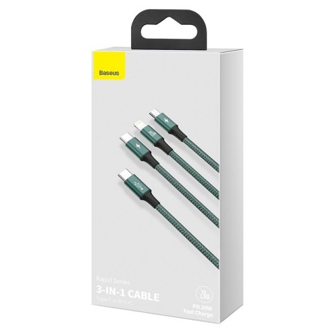 Baseus kabel 3w1 Rapid PD USB-C - micro USB + Lightning + USB-C 1,5m zielony 20W Baseus kabel 3w1 Rapid PD USB-C - micro USB + Lightning + USB-C 1,5m zielony 20W
