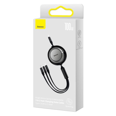 Baseus kabel Bright Mirror 2 3w1 USB - micro USB + Lightning + USB-C 1,1m 100W czarny zwijany Baseus kabel Bright Mirror 2 3w1 USB - micro USB + Lightning + USB-C 1,1m 100W czarny zwijany