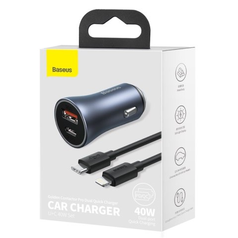 Baseus ładowarka samochodowa Golden Contactor Pro 1x USB 1x USB-C QC 40W czarny + kabel Lightning - USB-C Baseus ładowarka samochodowa Golden Contactor Pro 1x USB 1x USB-C QC 40W czarny + kabel Lightning - USB-C