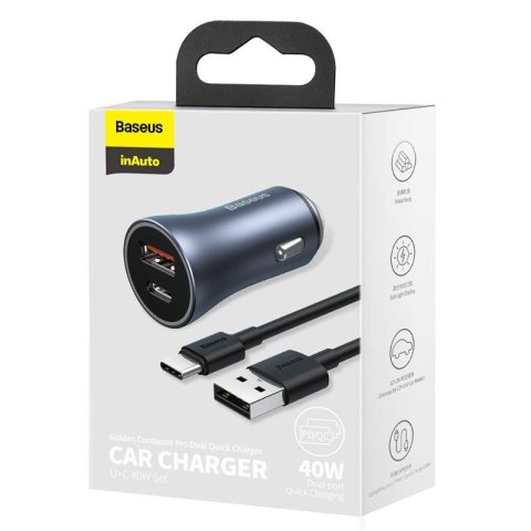 Baseus ładowarka samochodowa Golden Contactor Pro 1x USB 1x USB-C QC 40W czarny + kabel USB - USB-C 5A Baseus ładowarka samochodowa Golden Contactor Pro 1x USB 1x USB-C QC 40W czarny + kabel USB - USB-C 5A